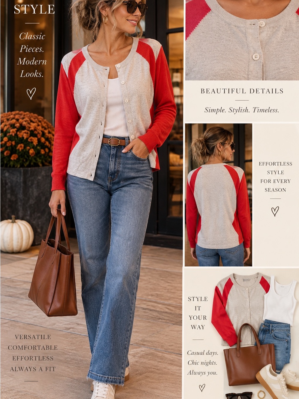CAbi Red and Cream Button-Front Raglan Cardigan